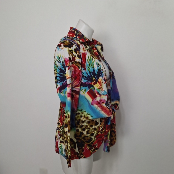 Mishca Floral Animal Print Mobwife 3/4 Maximalism Boho Tie Front Blouse Size XL - Picture 4 of 12